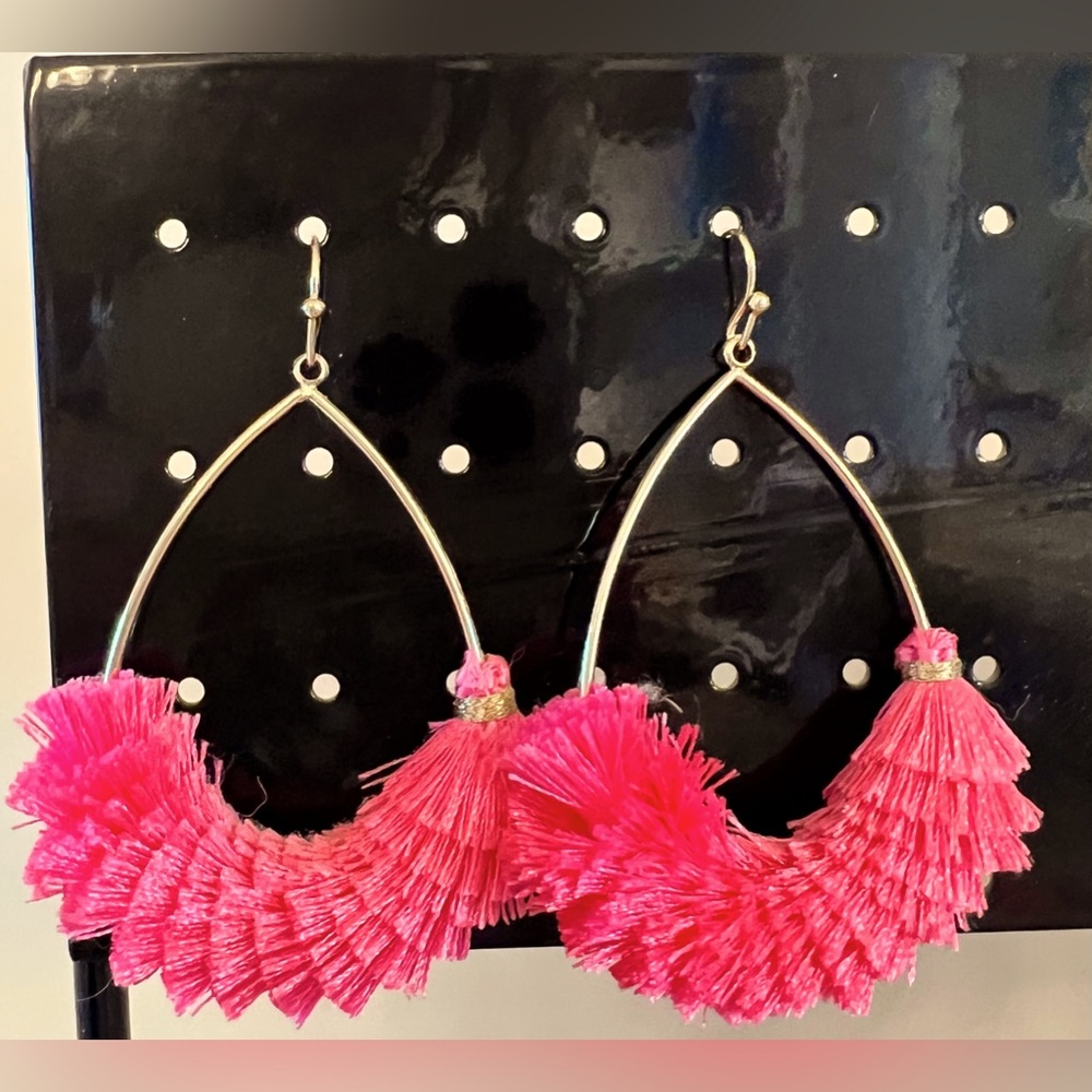 Statement earrings, gold and warm pink, matches HOC Shocking Pink.
